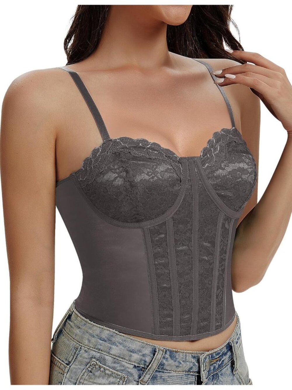 Women's Grey Purple Straps 3-rows Back Hooks Underwire Lace Bustier Corset Top